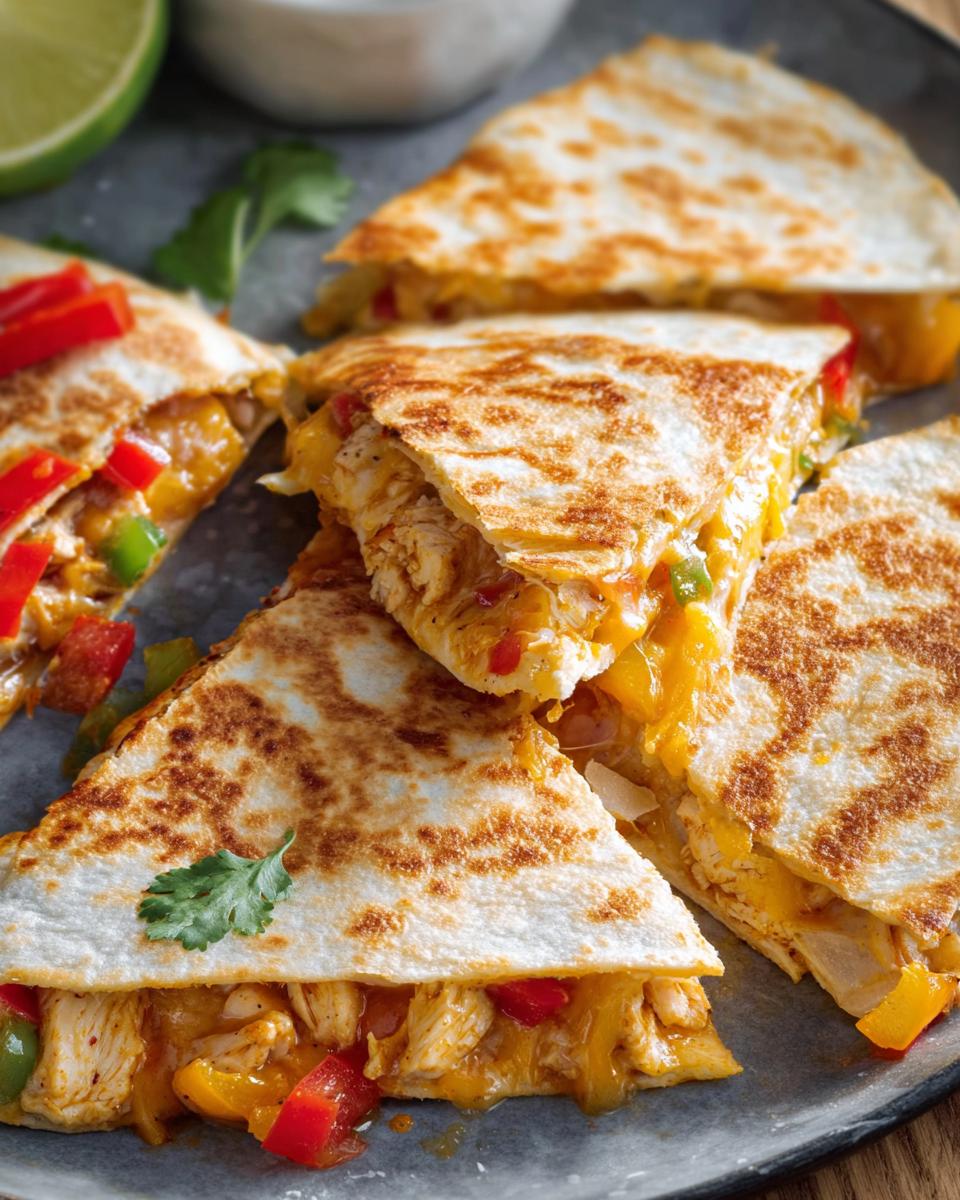 Easy Chicken Quesadillas Skillet Recipe for a 30-Minute Win 4 Close-up of delicious Easy Chicken Quesadillas Skillet Recipe, golden brown and filled with chicken, cheese, and peppers.