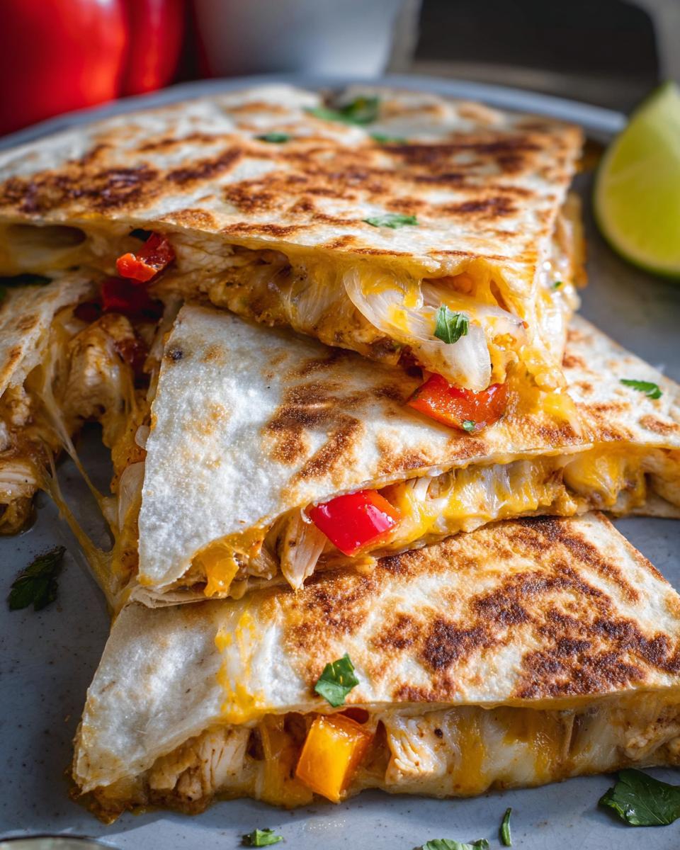 Easy Chicken Quesadillas Skillet Recipe for a 30-Minute Win 5 Close-up of stacked Easy Chicken Quesadillas Skillet Recipe slices, showing melted cheese and chicken filling.