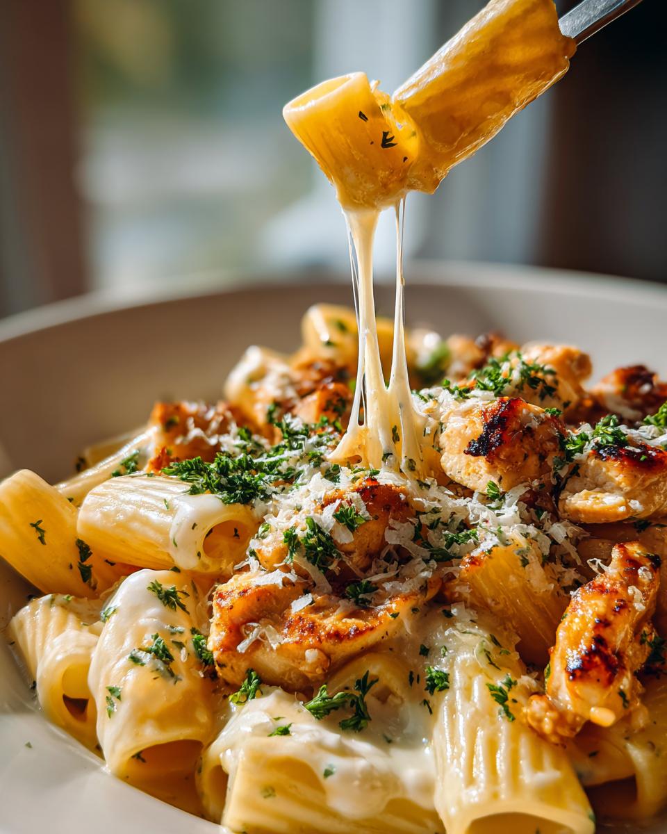 Amazing Garlic Butter Chicken Rigatoni in 30 Min 5 A fork lifts a rigatoni noodle from a bowl of garlic butter chicken rigatoni, showing stretchy cheese and chopped parsley.