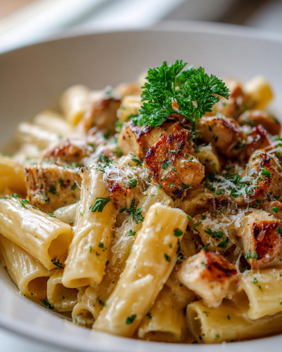 Amazing Garlic Butter Chicken Rigatoni in 30 Min 4 A close-up of creamy garlic butter chicken rigatoni topped with fresh parsley and grated Parmesan cheese.