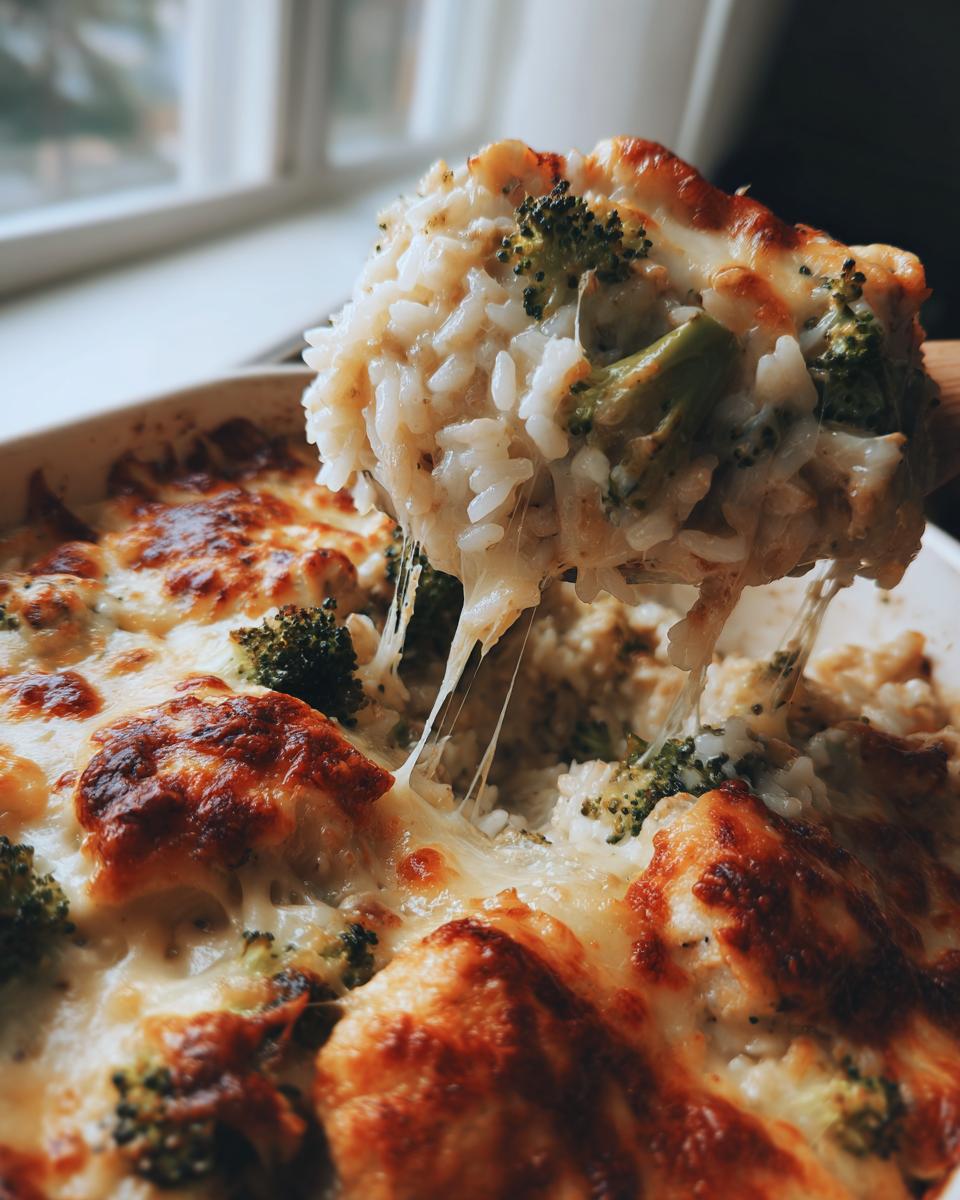 Amazing Garlic Parmesan Chicken Broccoli Rice Bake 5 A serving spoon lifts a cheesy portion of garlic parmesan chicken broccoli rice bake, showing melted cheese strings.
