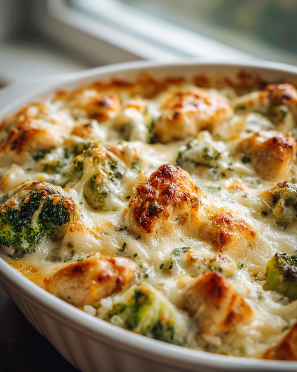 Amazing Garlic Parmesan Chicken Broccoli Rice Bake 4 Close-up of a baked dish featuring tender chicken pieces, vibrant broccoli florets, and melted cheese in a white casserole dish.
