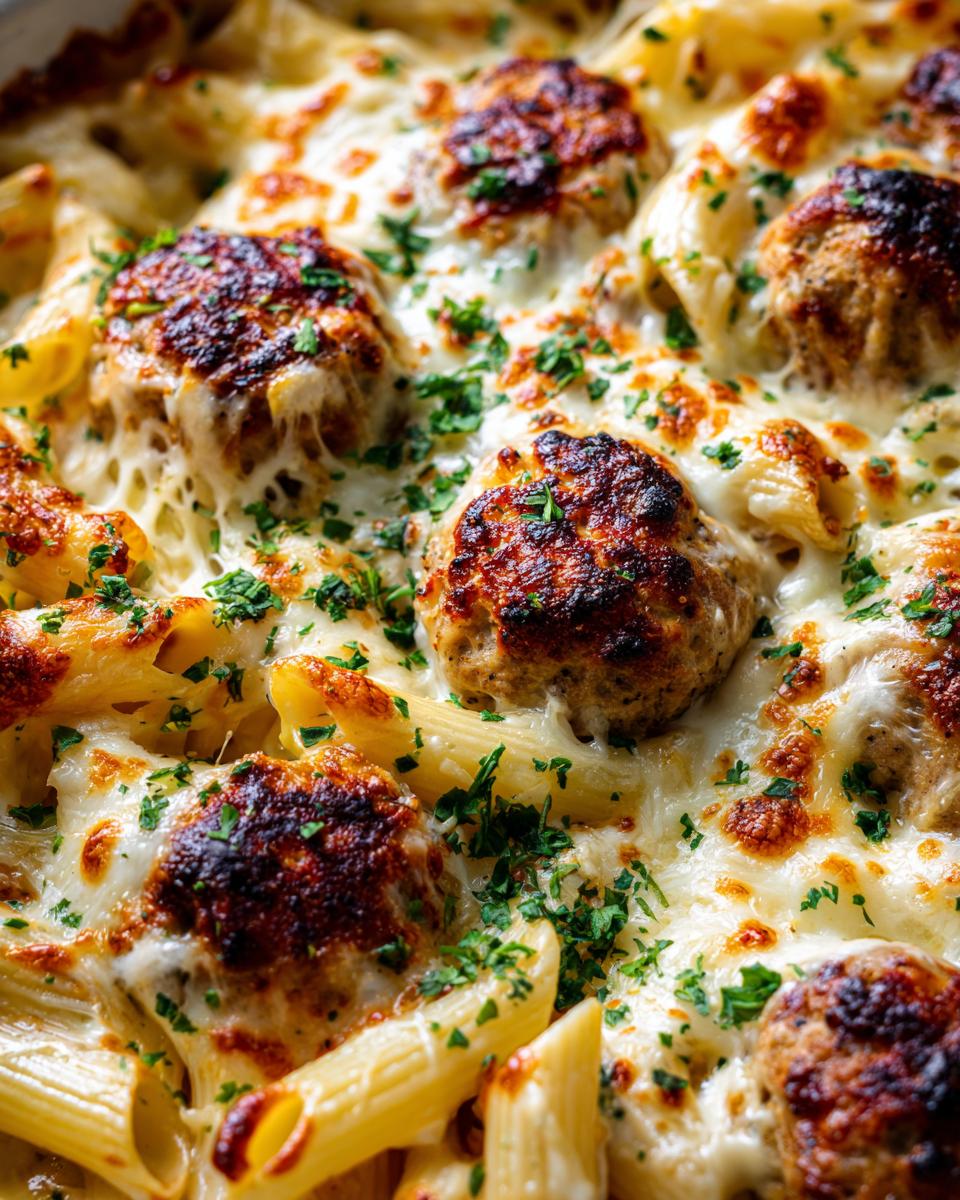 Amazing Garlic Parmesan Chicken Meatball Pasta Bake 5 Close-up view of a baked pasta dish featuring garlic parmesan chicken meatballs and penne pasta, covered in melted cheese and parsley.