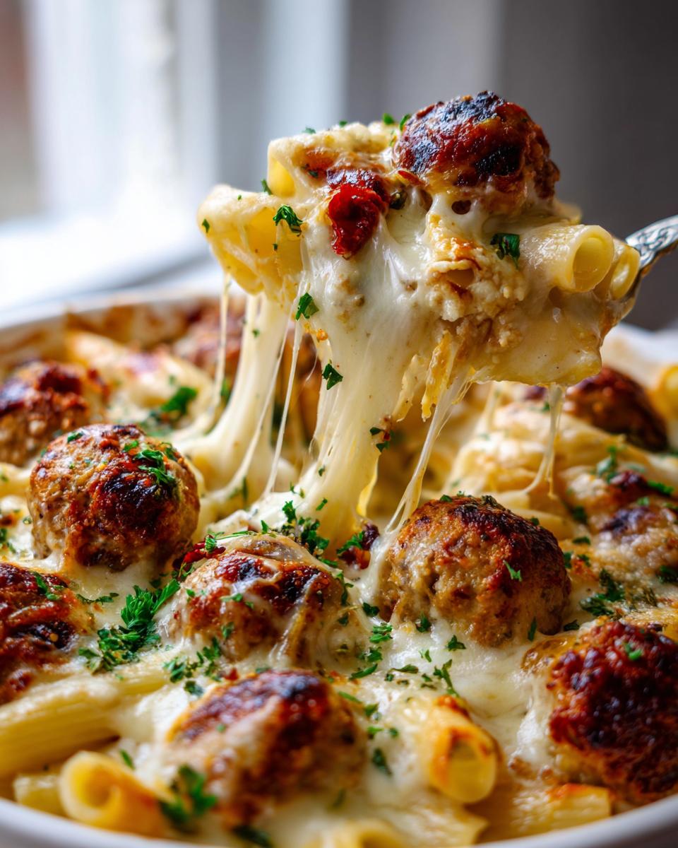 Amazing Garlic Parmesan Chicken Meatball Pasta Bake 4 A fork lifting a serving of garlic parmesan chicken meatball pasta bake, with melted cheese stretching.