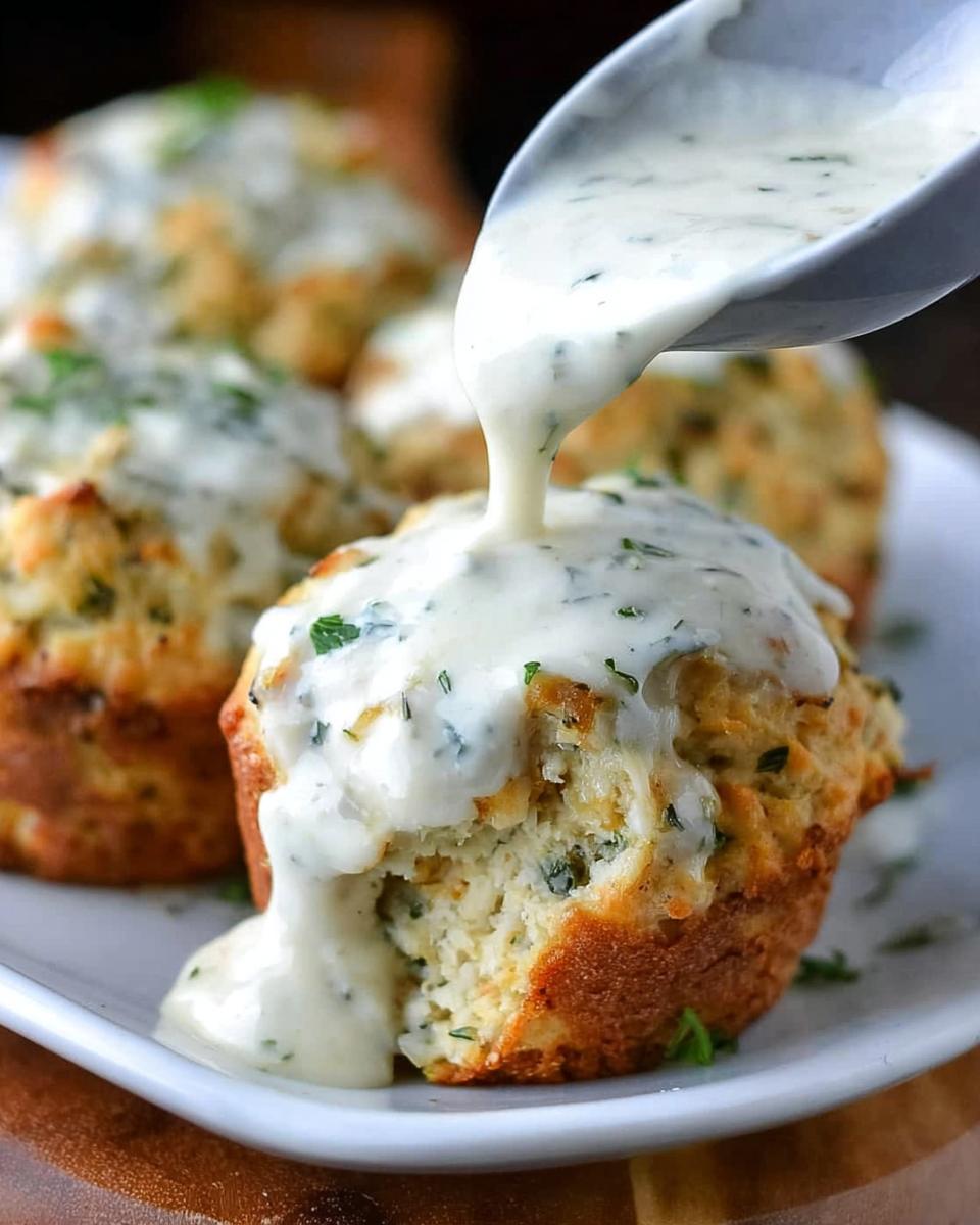 Delicious 35-Minute Garlic Parmesan Chicken Mini Meatloaves 4 A close-up of Garlic Parmesan Chicken Mini Meatloaves being drizzled with a creamy herb sauce.