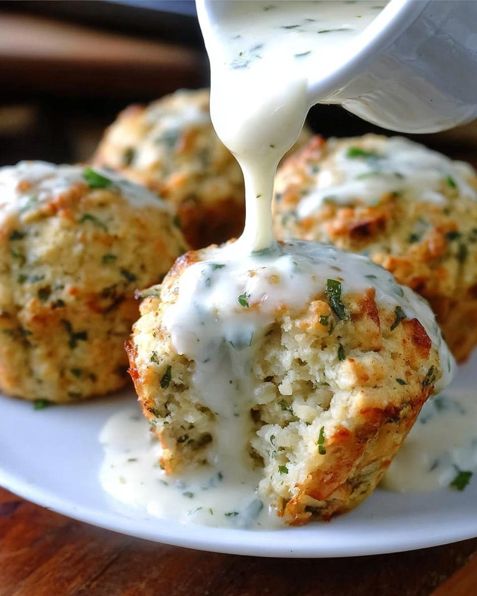 Delicious 35-Minute Garlic Parmesan Chicken Mini Meatloaves 5 Pouring creamy sauce over a baked Garlic Parmesan Chicken Mini Meatloaf on a white plate.