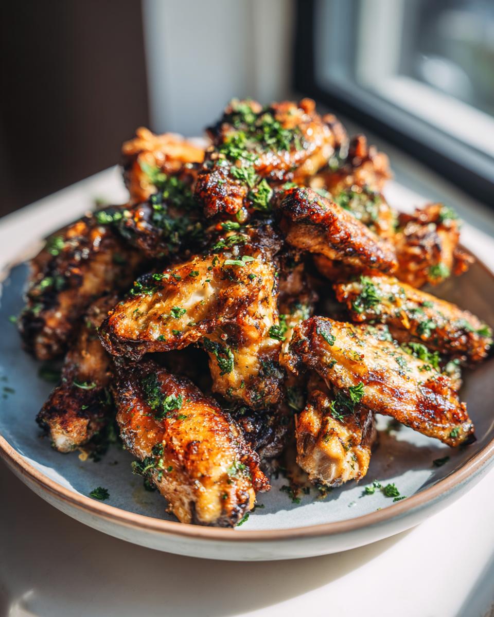 Crispy Garlic Parmesan Chicken Wings: 1 Flavor Bomb 4 A generous platter of crispy Garlic Parmesan Chicken Wings, generously sprinkled with fresh parsley.