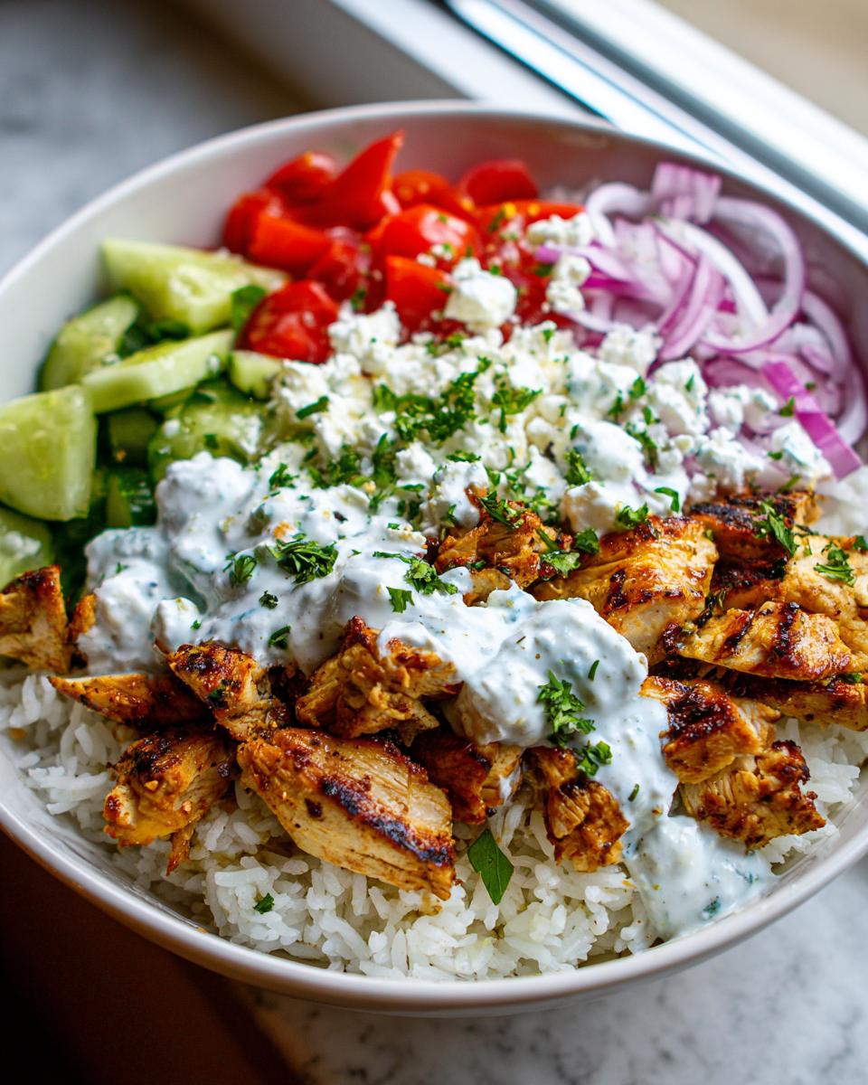 Amazing Greek Chicken Gyro Rice Bowls 4 A vibrant bowl of Greek Chicken Gyro Rice Bowls, featuring seasoned chicken, rice, tomatoes, cucumbers, red onion, feta, and creamy tzatziki sauce.