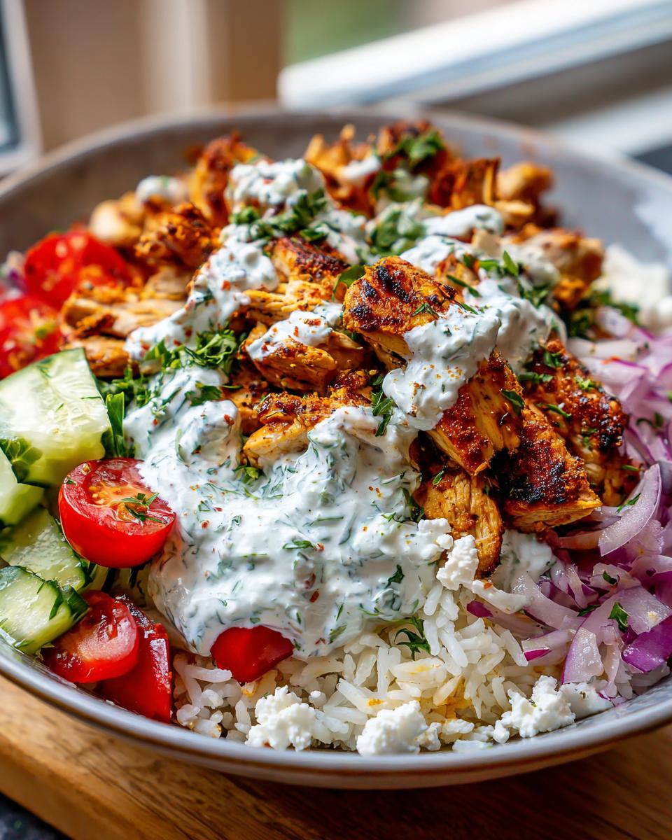 Amazing Greek Chicken Gyro Rice Bowls 5 A close-up of Greek Chicken Gyro Rice Bowls, featuring grilled chicken, rice, tomatoes, cucumbers, red onion, feta, and tzatziki sauce.