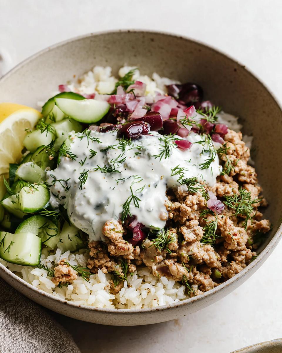 25-Minute Greek Ground Chicken Rice Bowls That Wow 4 A vibrant Greek Ground Chicken Rice Bowl topped with creamy tzatziki, fresh cucumber, red onion, and dill.