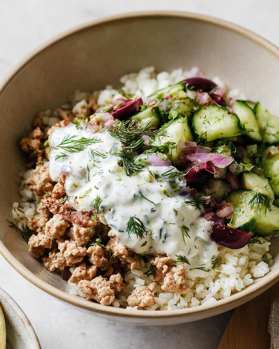 25-Minute Greek Ground Chicken Rice Bowls That Wow 5 A close-up of a Greek Ground Chicken Rice Bowl topped with creamy tzatziki sauce, cucumbers, red onion, and dill.