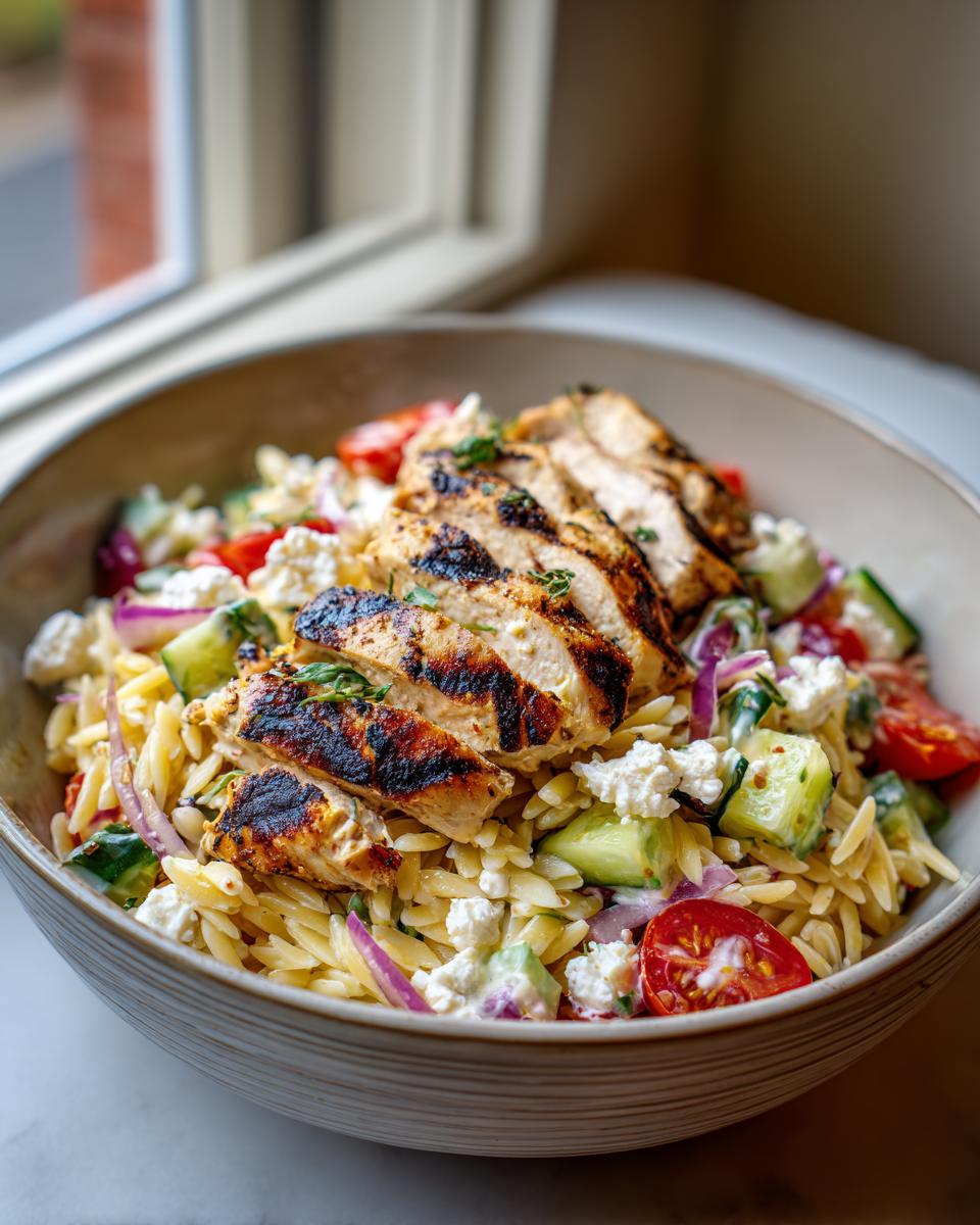 Easy Greek Lemon Chicken Orzo Bowls: 35 Min 5 Close-up of Greek Lemon Chicken Orzo Bowls topped with grilled chicken, cucumber, tomatoes, red onion, and feta cheese.