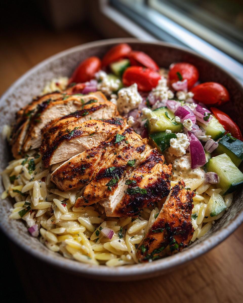 Easy Greek Lemon Chicken Orzo Bowls: 35 Min 4 Close-up of Greek Lemon Chicken Orzo Bowls featuring sliced grilled chicken, orzo pasta, cherry tomatoes, cucumber, red onion, and feta cheese.