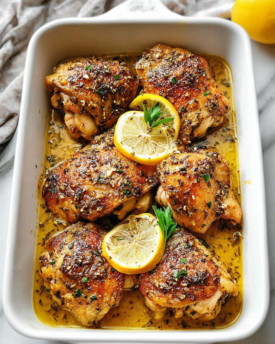 Irresistible Greek Lemon Herb Chicken Thighs in Under 1 Hour 4 A white baking dish filled with golden-brown Greek Lemon Herb Chicken Thighs, garnished with lemon slices and parsley.