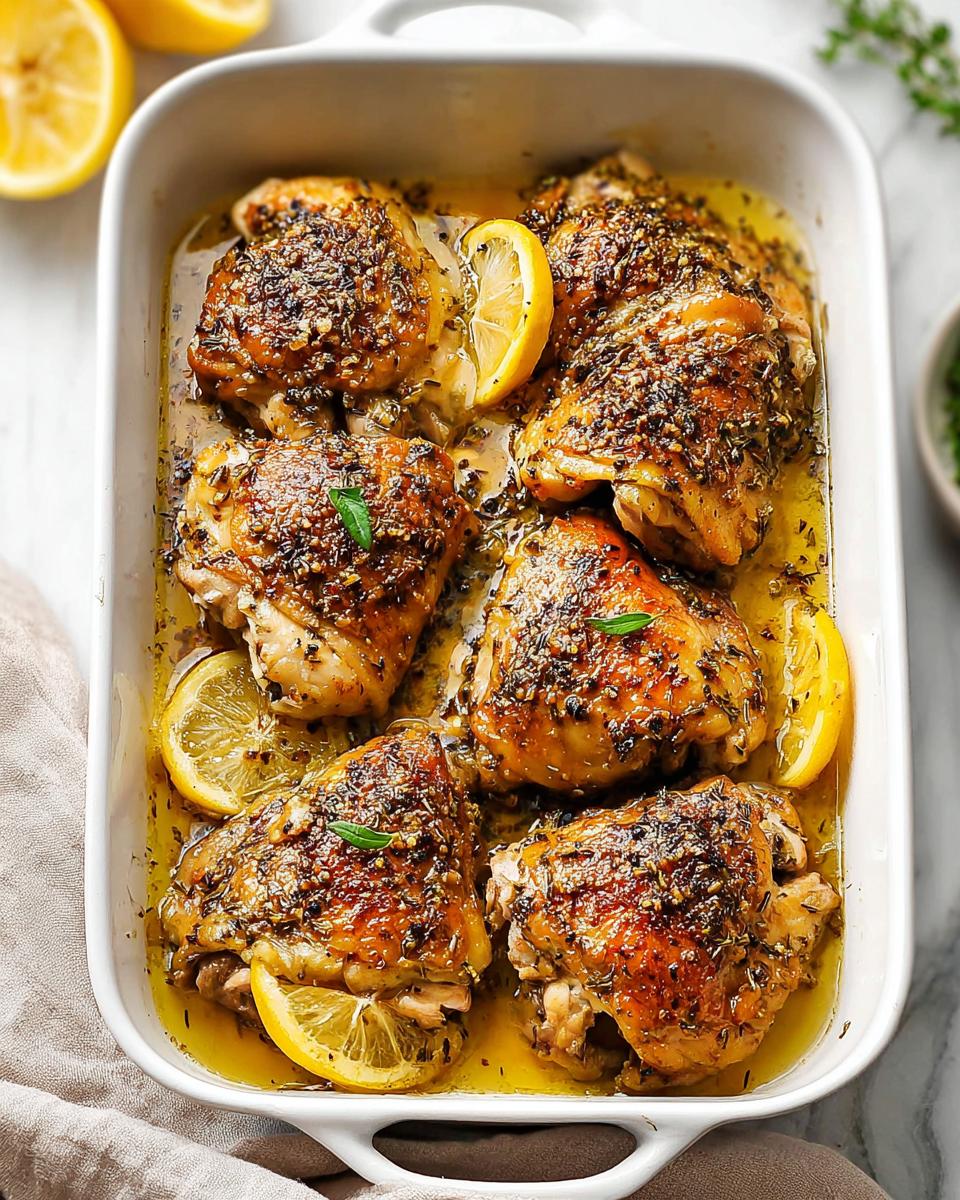 Irresistible Greek Lemon Herb Chicken Thighs in Under 1 Hour 5 A white baking dish filled with golden-brown Greek Lemon Herb Chicken Thighs, garnished with lemon slices and herbs.
