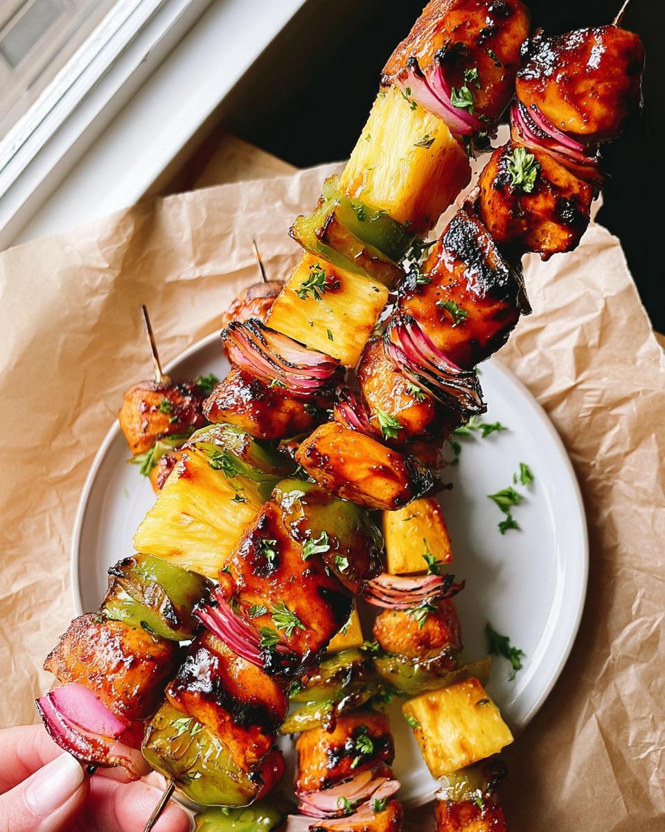 30-Minute Grilled BBQ Chicken Pineapple Kabobs Are Amazing 4 Close-up of delicious Grilled BBQ Chicken Pineapple Kabobs with red onion and green peppers, garnished with parsley.