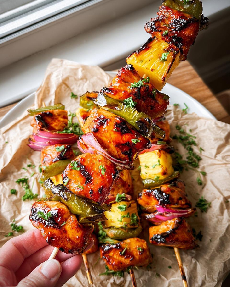 30-Minute Grilled BBQ Chicken Pineapple Kabobs Are Amazing 5 Close-up of a hand holding a skewer of grilled BBQ chicken pineapple kabobs with bell peppers and red onion.