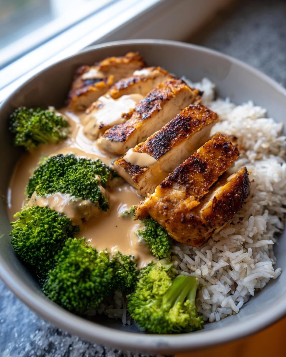 30-Minute Grilled Chicken Broccoli Bowls 4 A close-up of grilled chicken broccoli bowls with fluffy white rice and a creamy sauce.