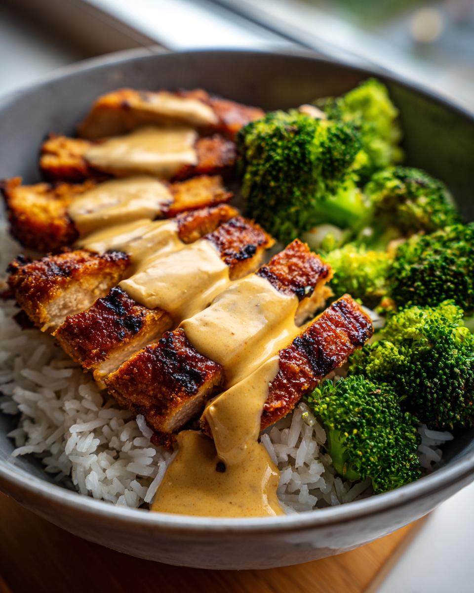 30-Minute Grilled Chicken Broccoli Bowls 5 A close-up of delicious grilled chicken broccoli bowls, featuring sliced grilled chicken over rice, topped with steamed broccoli and a drizzle of creamy sauce.