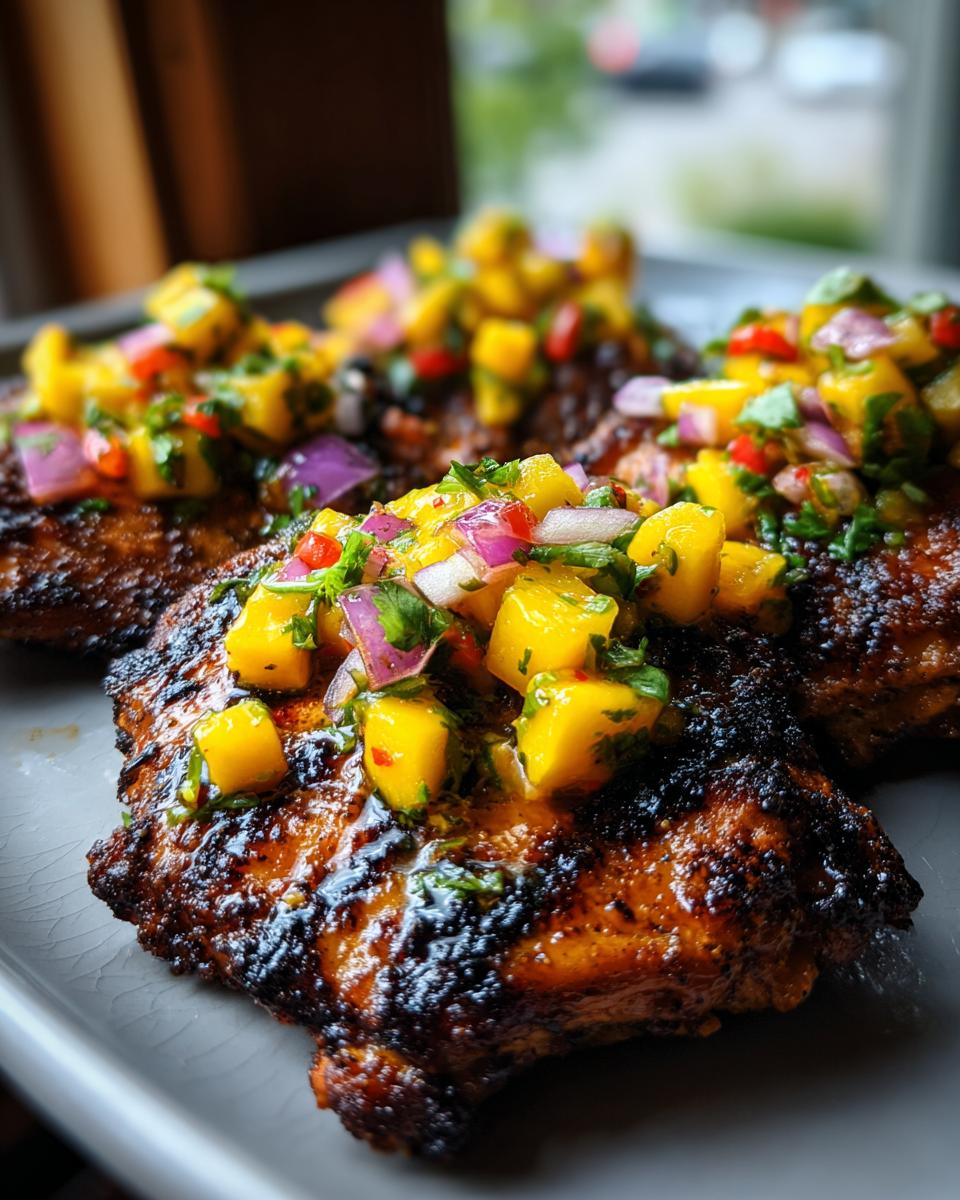 Amazing Grilled Jerk Chicken Thighs in 30 Mins 4 Close-up of perfectly grilled jerk chicken thighs topped with a fresh mango salsa.