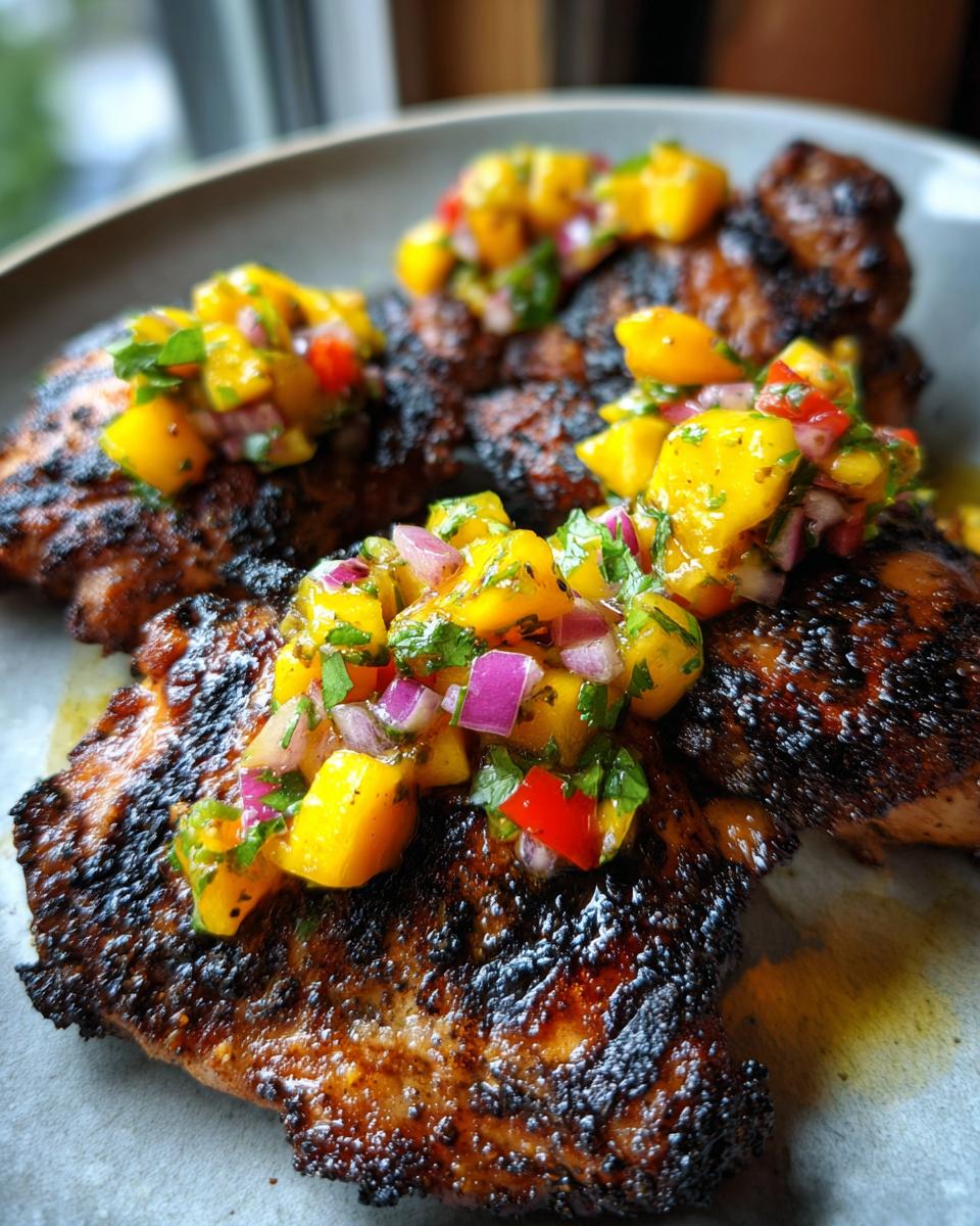 Amazing Grilled Jerk Chicken Thighs in 30 Mins 5 Close-up of perfectly grilled jerk chicken thighs topped with a vibrant mango salsa.