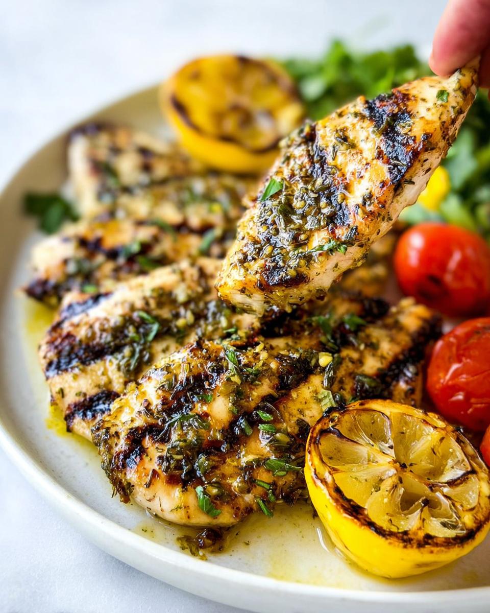 Amazing 30-Minute Grilled Lemon Herb Chicken Fillets 4 A hand holding a piece of Grilled Lemon Herb Chicken Fillets, showing grill marks and a herb marinade, served with charred lemon and cherry tomatoes.