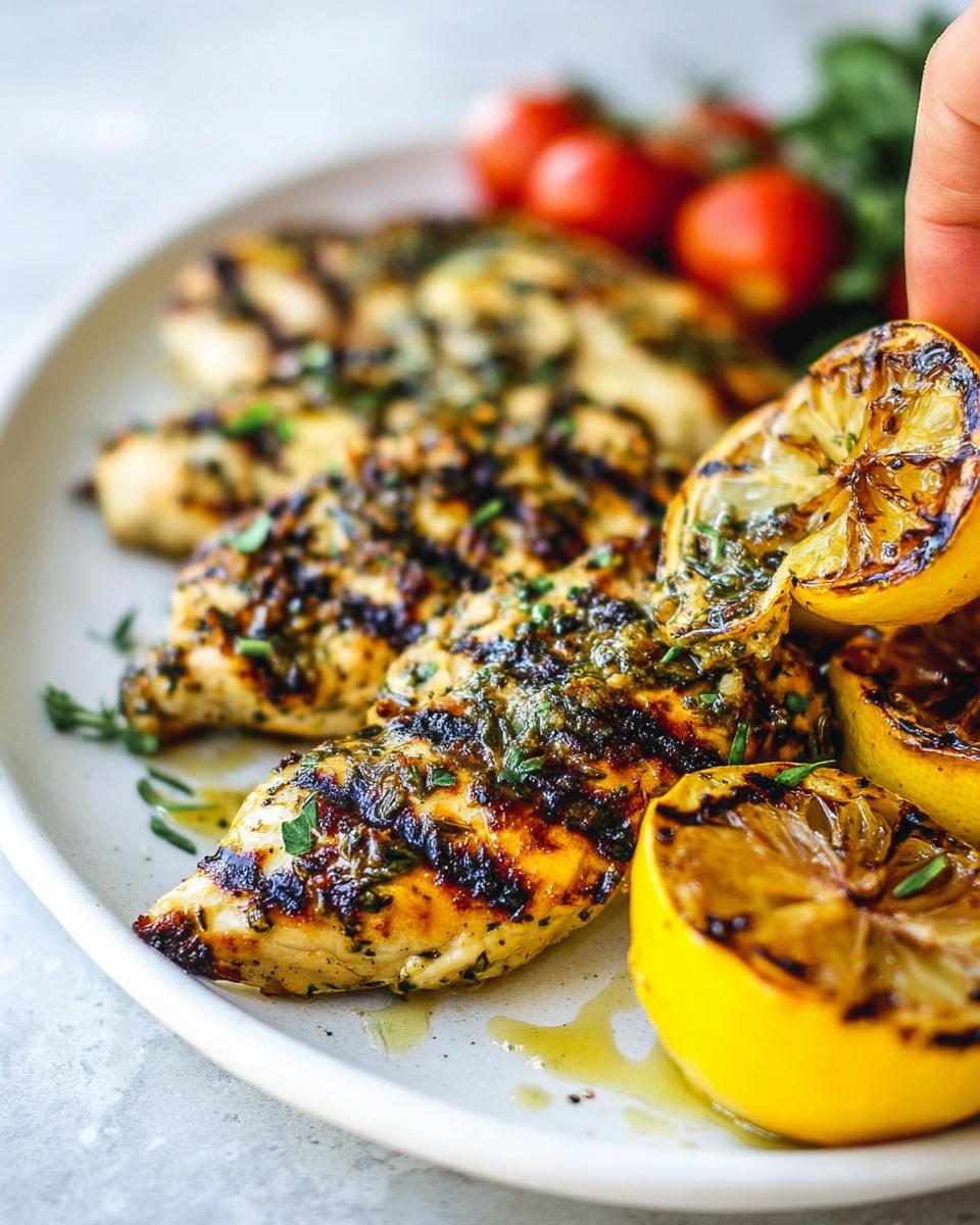 Amazing 30-Minute Grilled Lemon Herb Chicken Fillets 5 Close-up of perfectly grilled lemon herb chicken fillets served with charred lemon halves and cherry tomatoes.