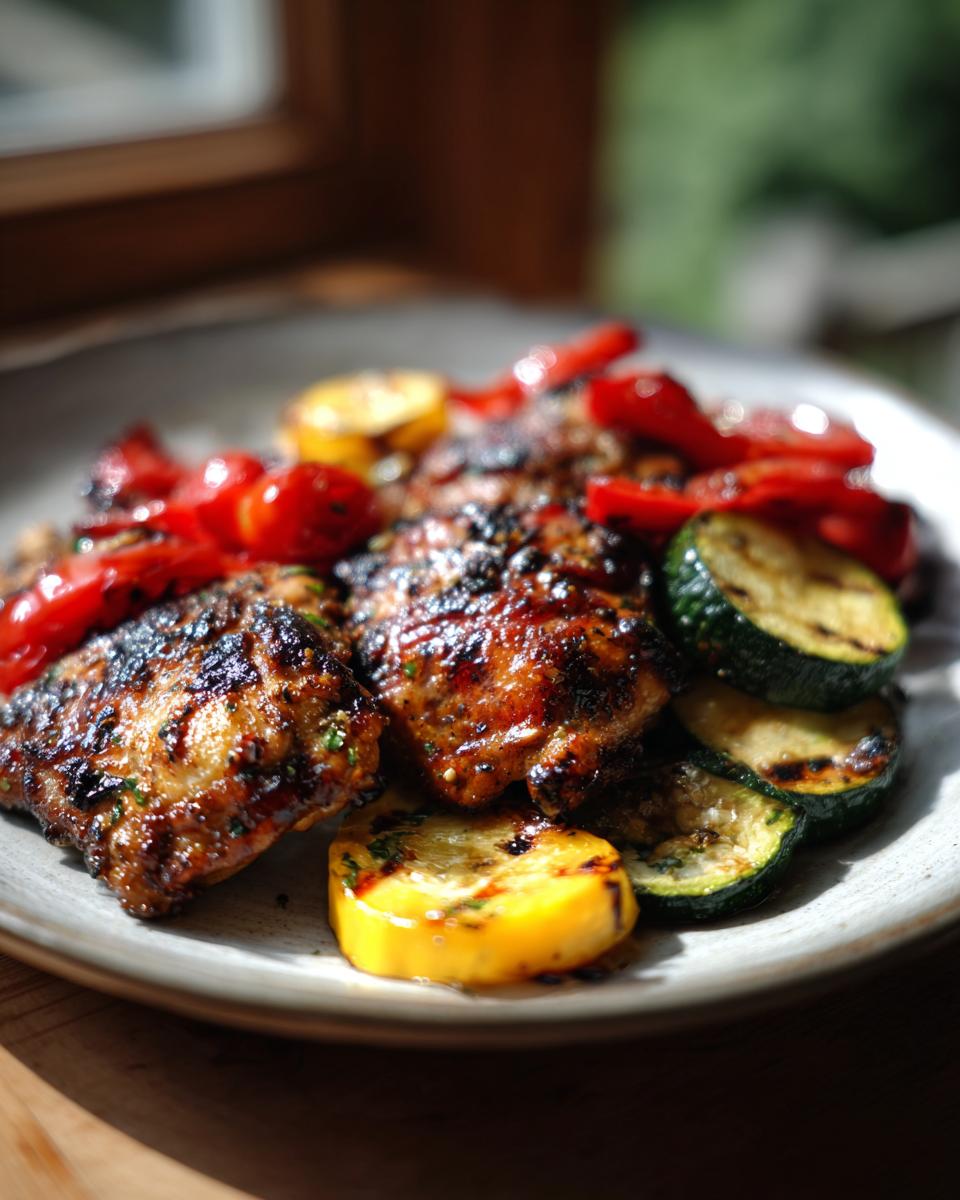 Juicy grilled lemon herb chicken thighs perfection 5 A plate of juicy grilled lemon herb chicken thighs served with grilled zucchini, yellow squash, and red peppers.