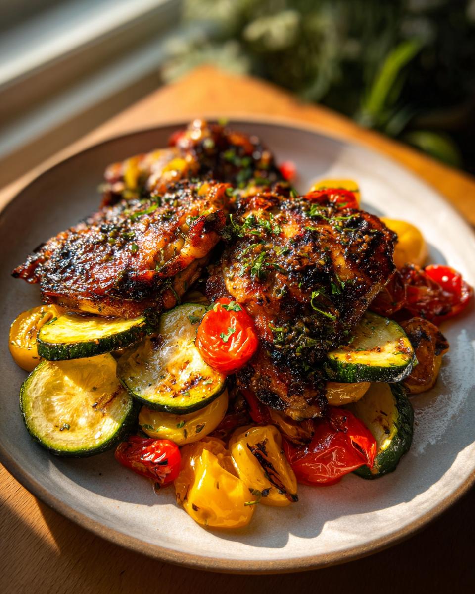 Juicy grilled lemon herb chicken thighs perfection 4 A plate of juicy grilled lemon herb chicken thighs served with grilled zucchini, cherry tomatoes, and bell peppers.