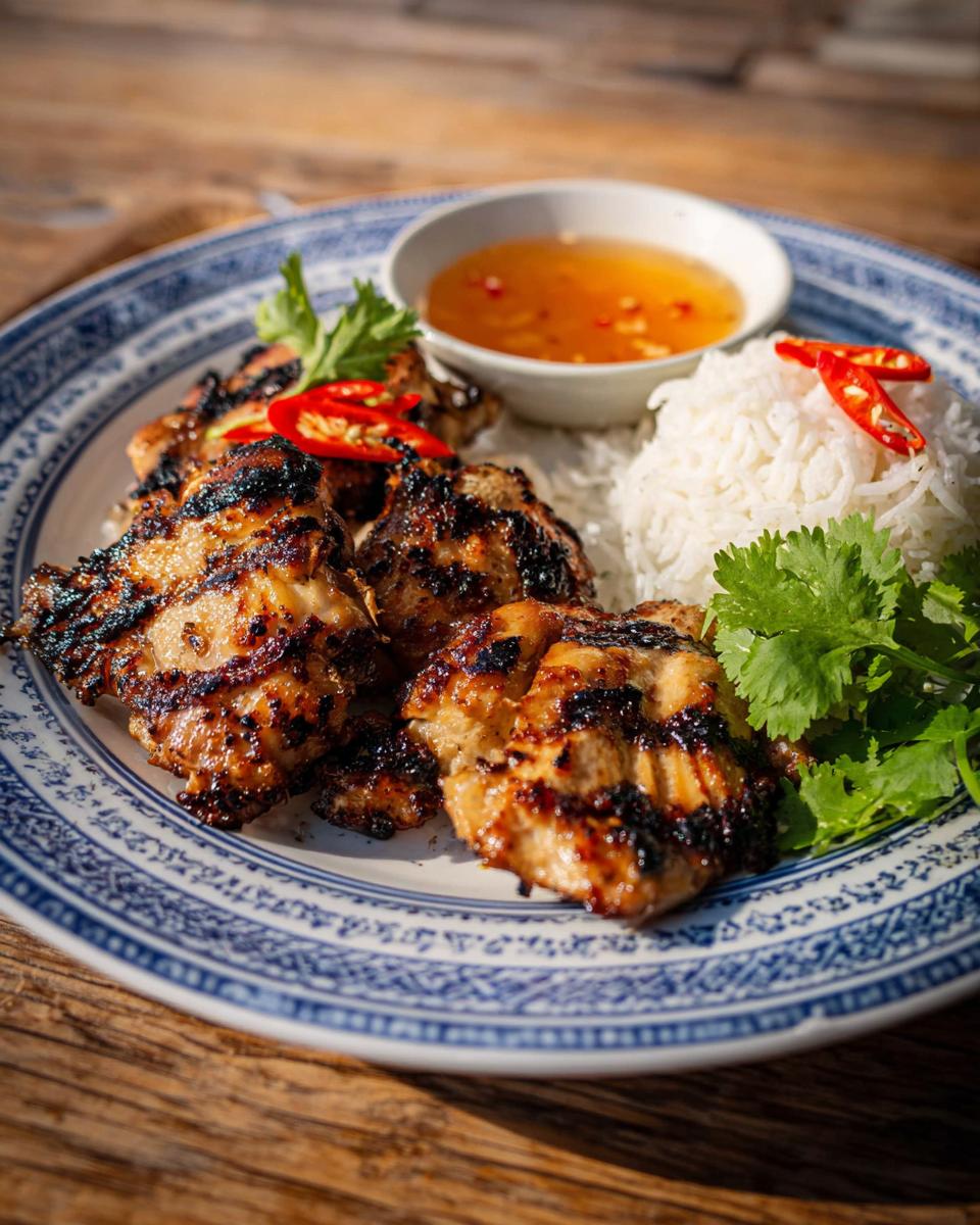 Irresistible 25-Minute Grilled Lemongrass Chicken Recipe 4 Plated Grilled Lemongrass Chicken served with white rice, dipping sauce, and fresh cilantro garnishes.