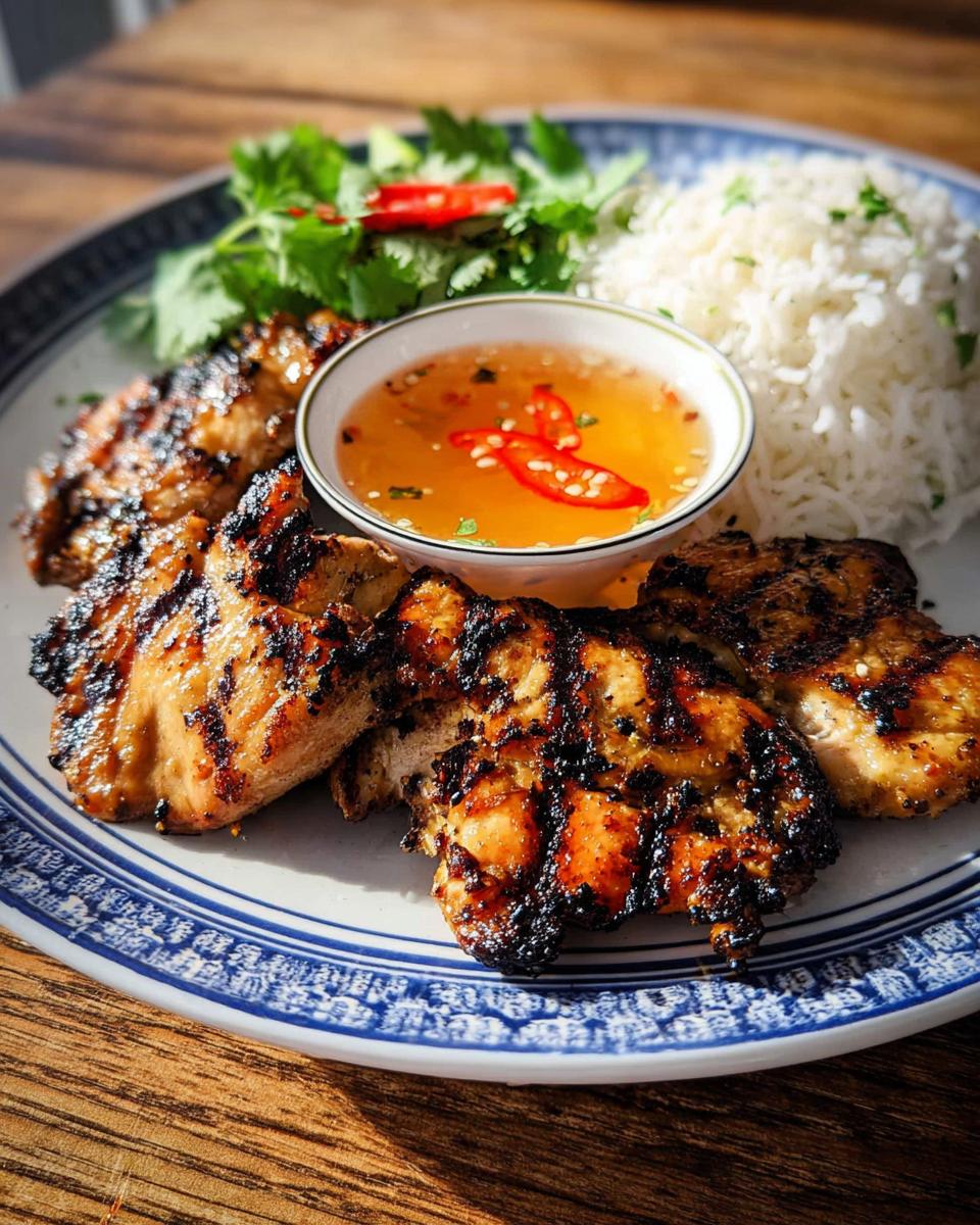 Irresistible 25-Minute Grilled Lemongrass Chicken Recipe 5 A plate of delicious Grilled Lemongrass Chicken served with steamed rice, a dipping sauce, and fresh herbs.
