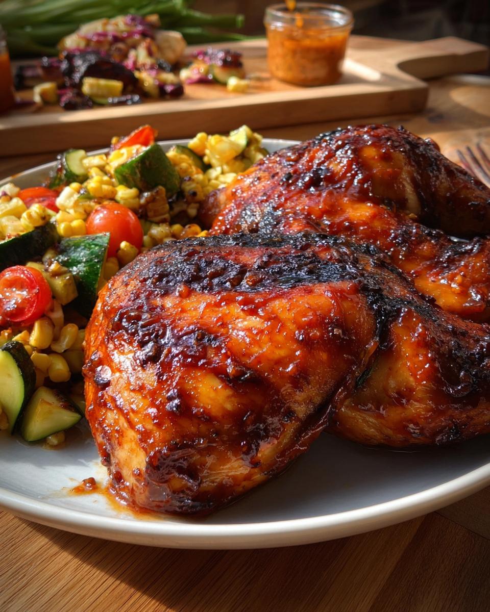 Sticky Grilled Spatchcock Chicken with Peach BBQ Recipe 5 Close-up of sticky grilled spatchcock chicken glazed with peach BBQ sauce, served with a side of grilled corn and zucchini.