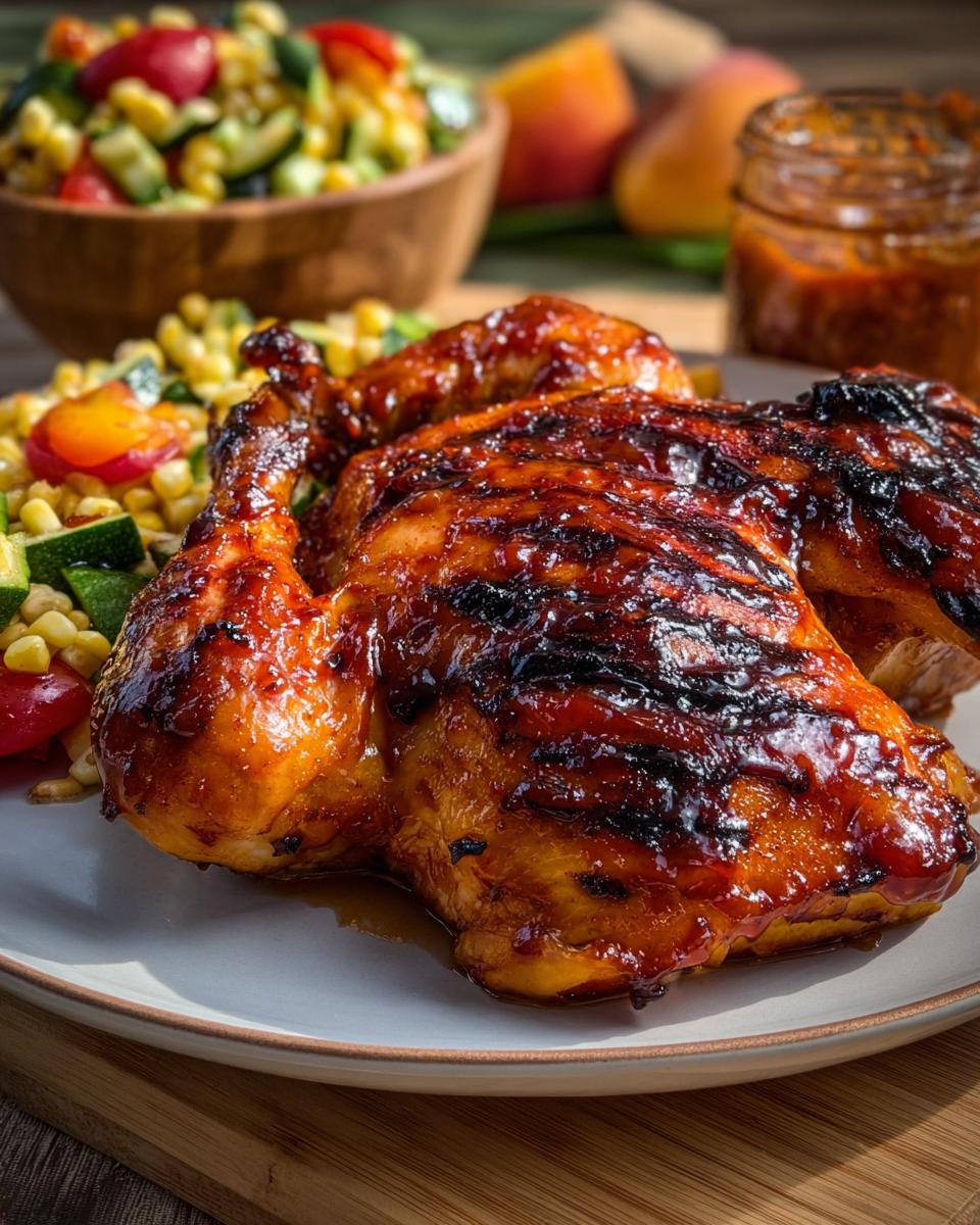 Sticky Grilled Spatchcock Chicken with Peach BBQ Recipe 4 A whole grilled spatchcock chicken glazed with sticky peach BBQ sauce, served with a corn and zucchini salad.