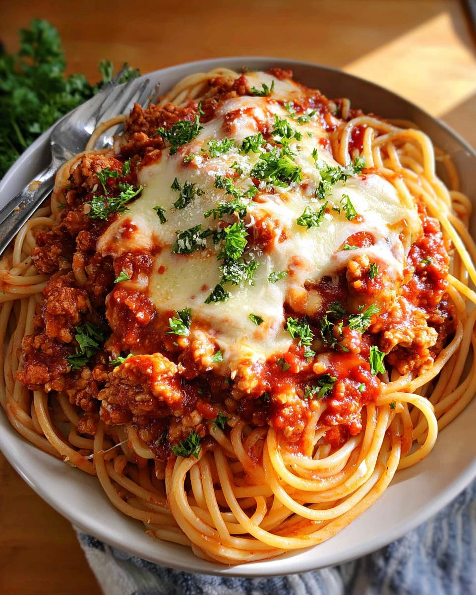 Your 30-Minute Ground Chicken Parmesan Skillet Savior 4 A bowl of spaghetti topped with ground chicken parmesan skillet sauce and melted cheese, garnished with parsley.