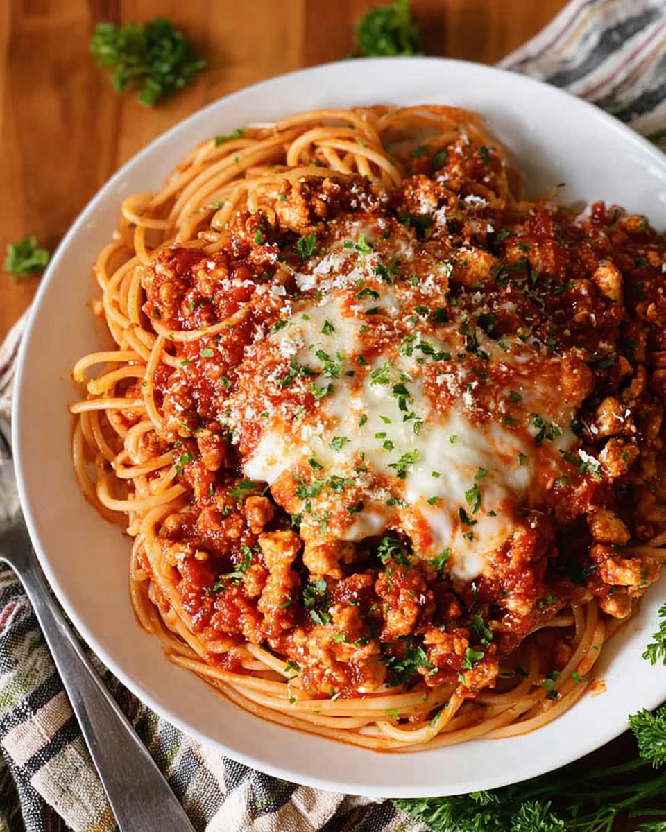 Your 30-Minute Ground Chicken Parmesan Skillet Savior 5 A close-up of a white bowl filled with spaghetti topped with ground chicken parmesan skillet sauce and melted cheese.