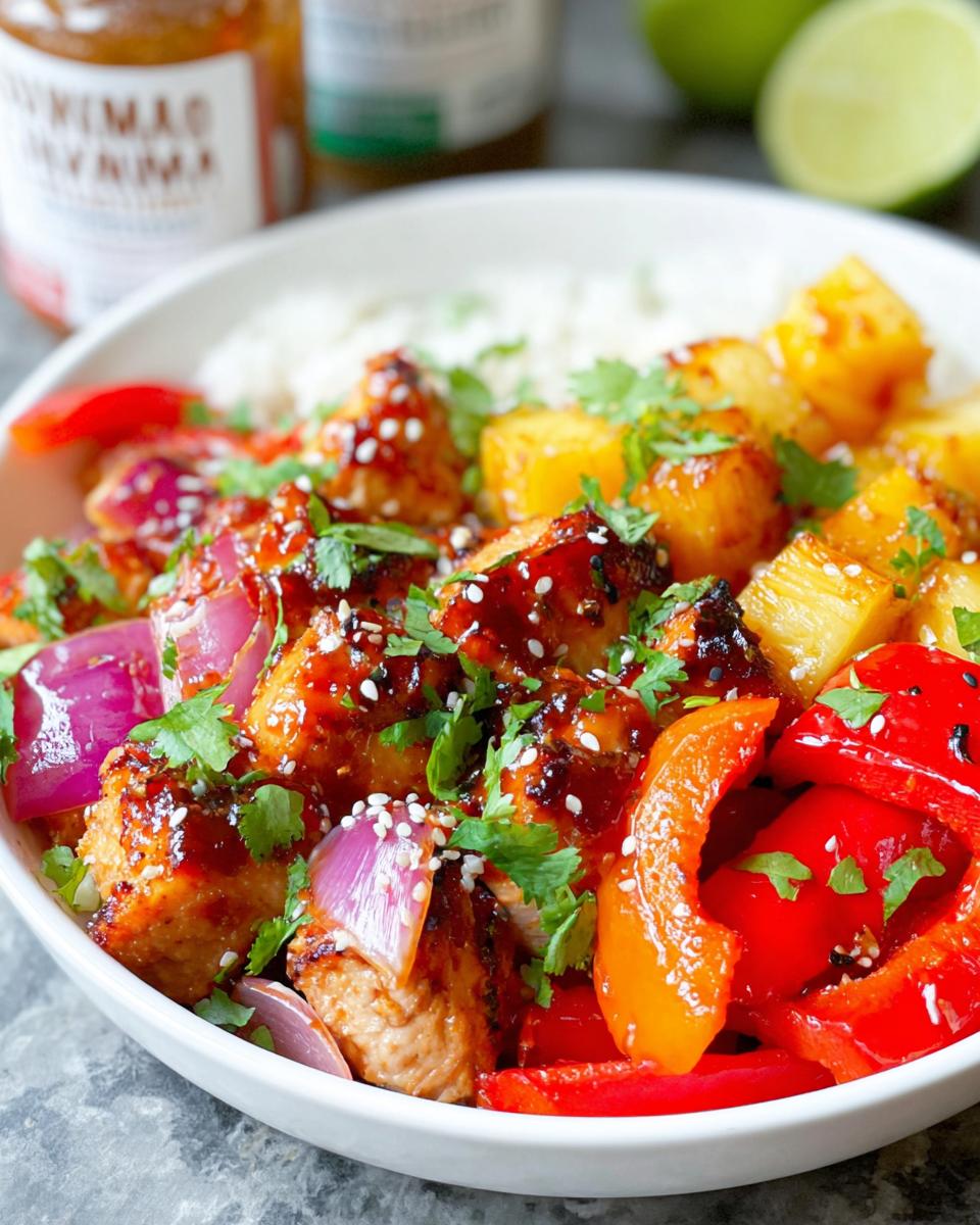 1-Pan Hawaiian Chicken Sheet Pan Dinner: Pure Magic 4 A close-up of a Hawaiian Chicken Sheet Pan Dinner bowl with chicken, pineapple, bell peppers, and rice.