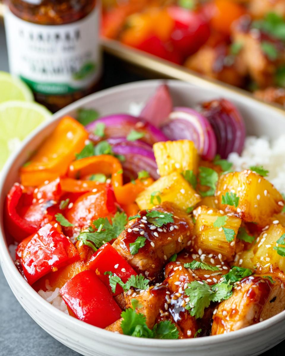 1-Pan Hawaiian Chicken Sheet Pan Dinner: Pure Magic 5 A close-up of a Hawaiian Chicken Sheet Pan Dinner bowl with rice, chicken, pineapple, red bell peppers, red onion, and cilantro.