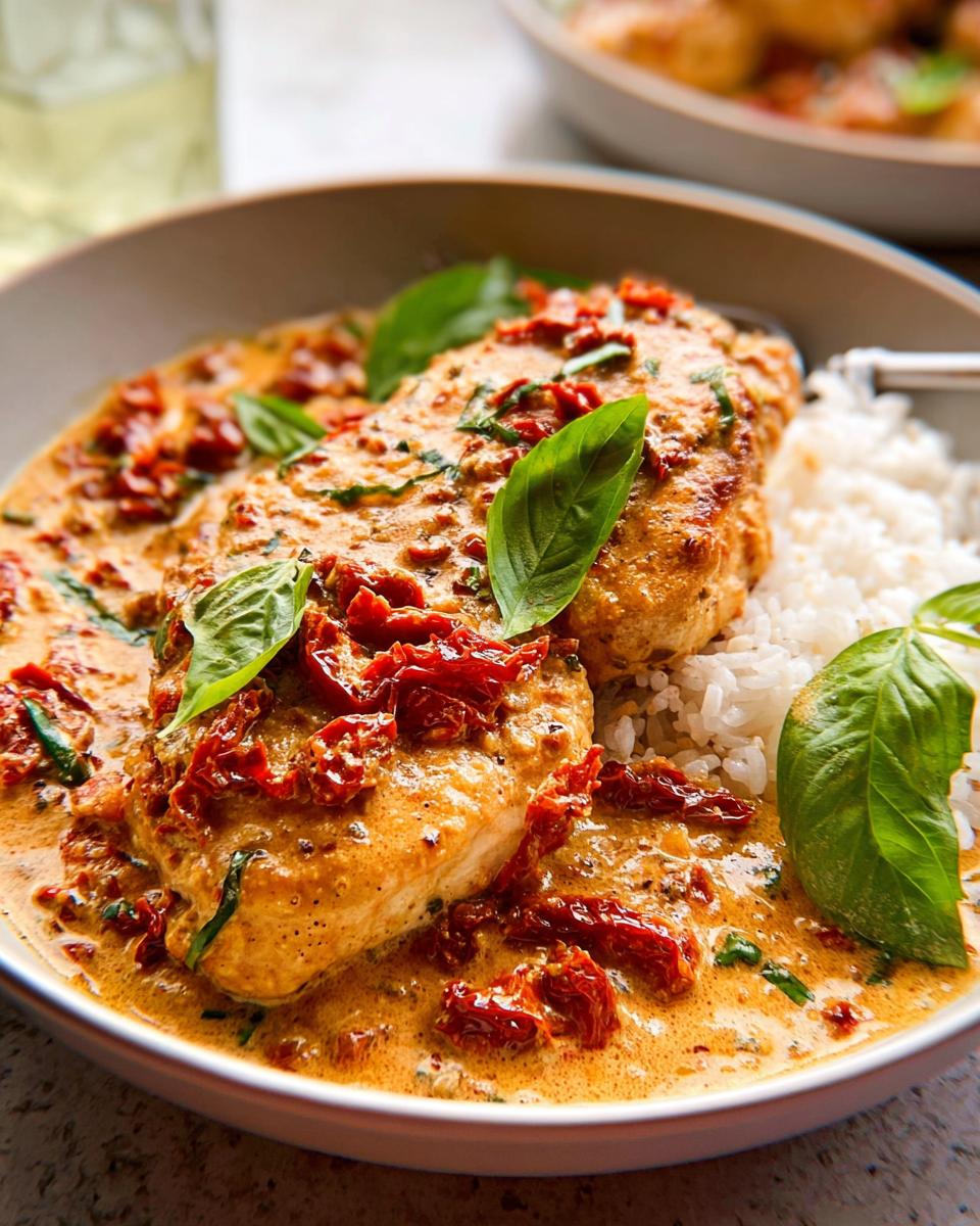 Unbelievably Good Healthy Creamy Sun-Dried Tomato Chicken 4 Close-up of Healthy Creamy Sun-Dried Tomato Chicken served over white rice, garnished with fresh basil leaves.