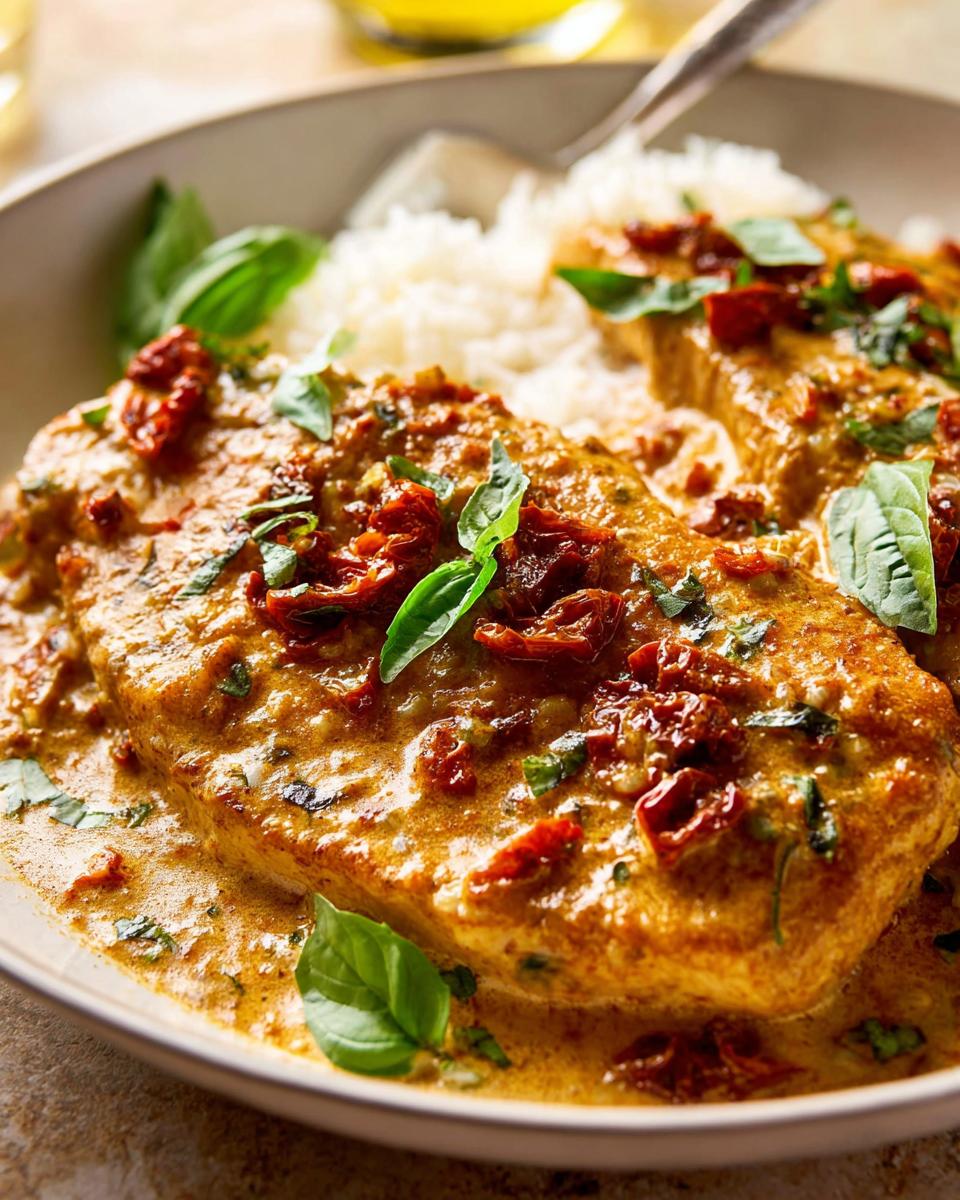 Unbelievably Good Healthy Creamy Sun-Dried Tomato Chicken 5 A close-up of healthy creamy sun-dried tomato chicken served over white rice, garnished with fresh basil.