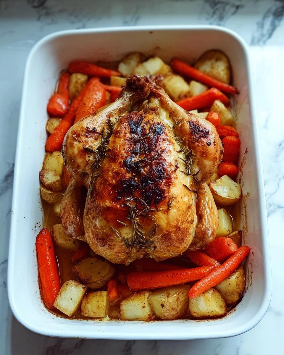 What to Serve with Herb Roasted Chicken 4 A golden-brown Herb Roasted Chicken sits in a white baking dish surrounded by roasted potatoes and carrots.