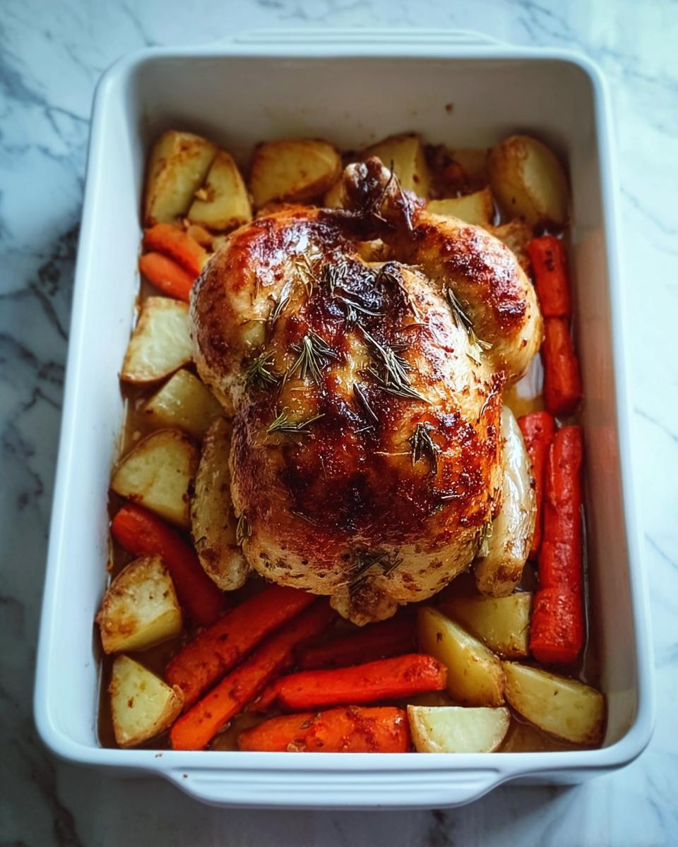What to Serve with Herb Roasted Chicken 5 A golden brown Herb Roasted Chicken nestled in a white baking dish with roasted potatoes and carrots.