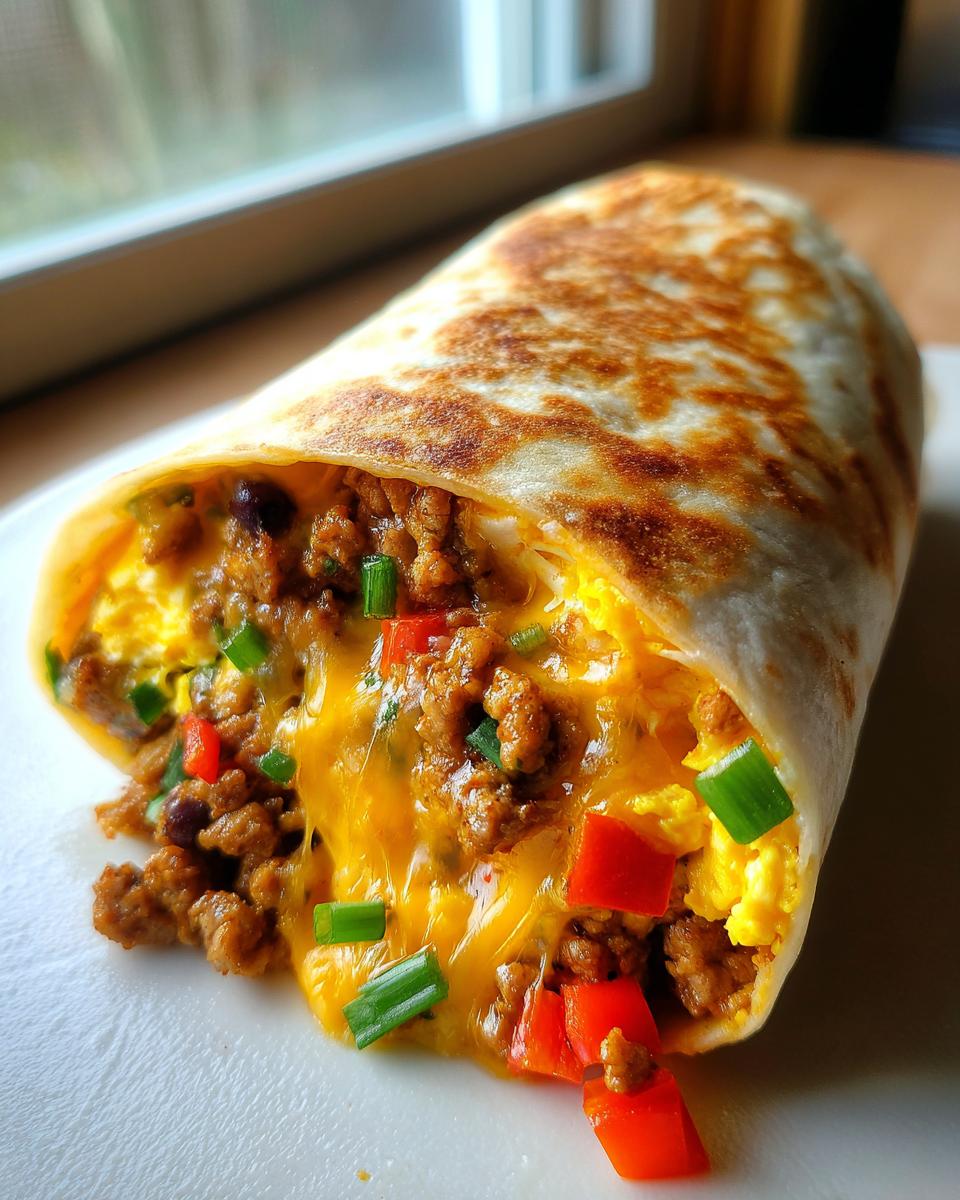 Amazing High Protein Chicken Breakfast Burritos 5 A close-up of a high protein chicken breakfast burrito filled with scrambled eggs, seasoned chicken, black beans, cheese, and red peppers.