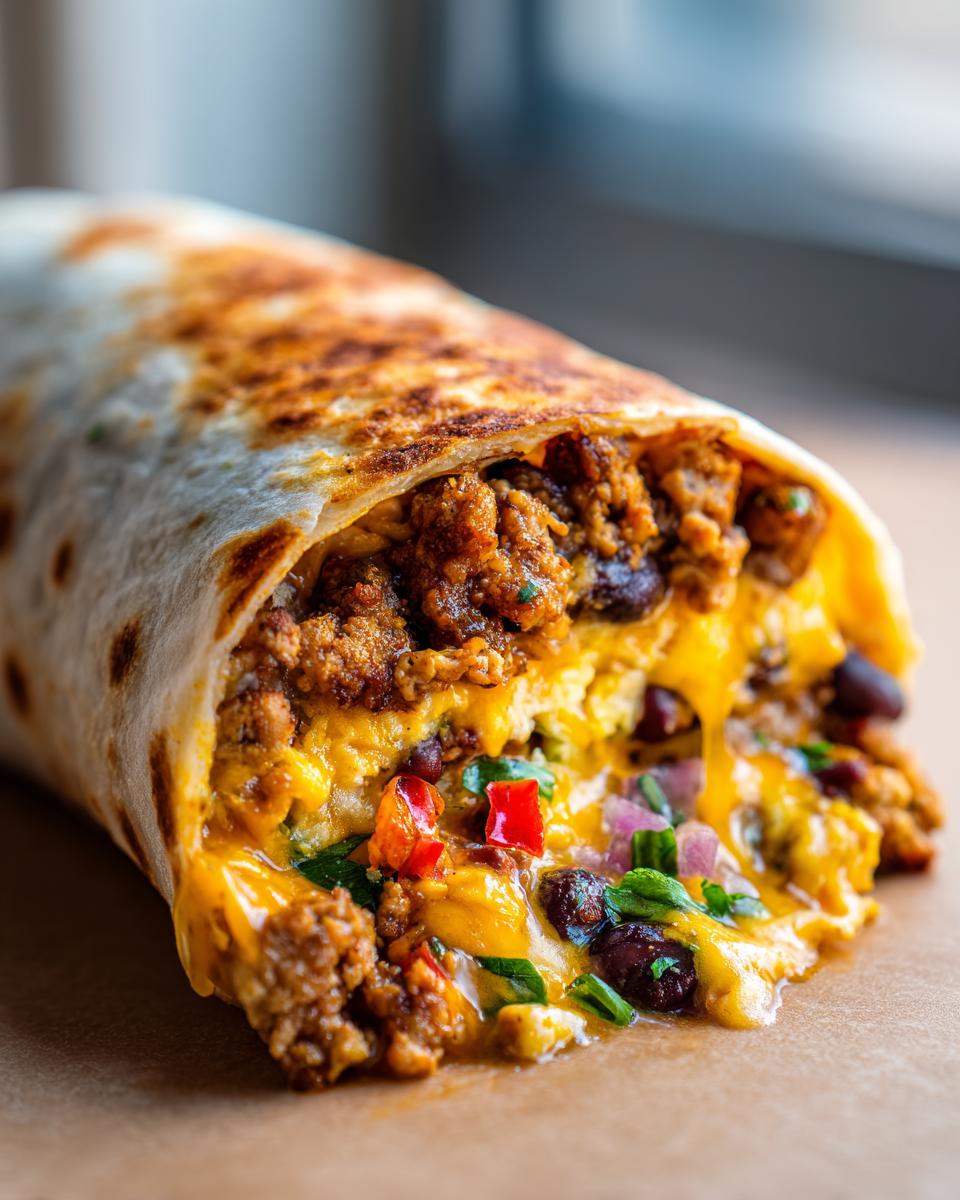 Amazing High Protein Chicken Breakfast Burritos 4 A close-up view of a high protein chicken breakfast burrito, revealing layers of seasoned chicken, black beans, melted cheese, and diced vegetables.