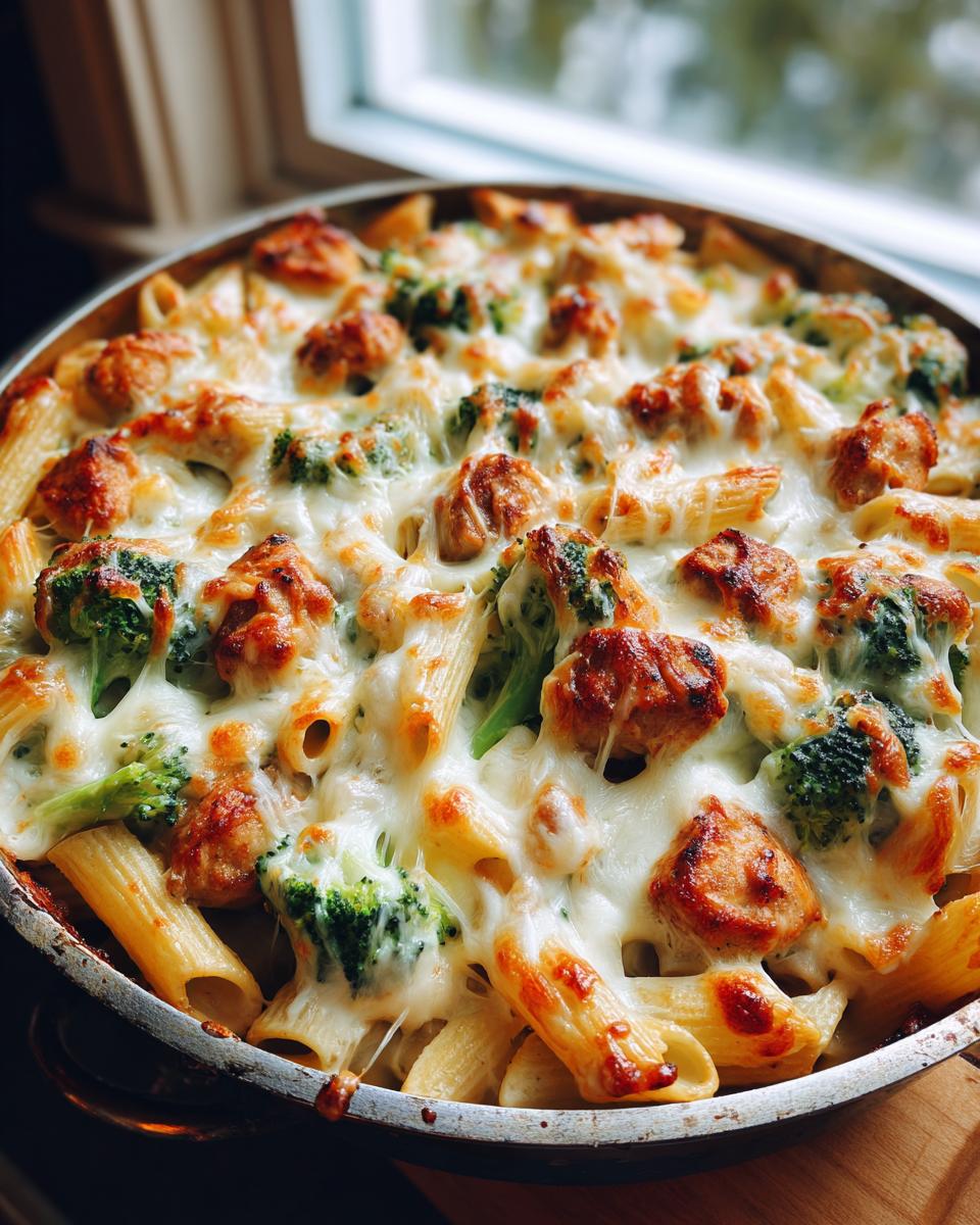 Amazing High Protein Chicken Broccoli Alfredo Bake 4 A close-up view of a bubbling High Protein Chicken Broccoli Alfredo Bake in a pan, with melted cheese, pasta, chicken, and broccoli.