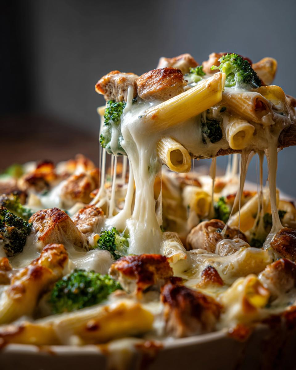 Amazing High Protein Chicken Broccoli Alfredo Bake 5 A serving spoon lifts a portion of High Protein Chicken Broccoli Alfredo Bake, showcasing gooey melted cheese stretching between pasta, chicken, and broccoli.