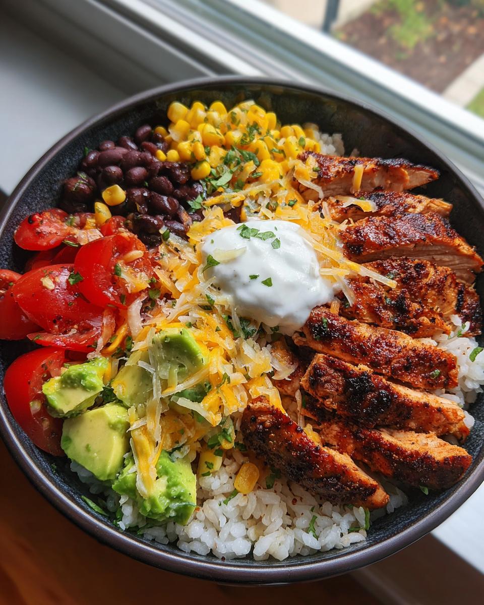 Amazing High Protein Chicken Burrito Bowl 4 A delicious High Protein Chicken Burrito Bowl filled with rice, grilled chicken, black beans, corn, avocado, tomatoes, cheese, and sour cream.
