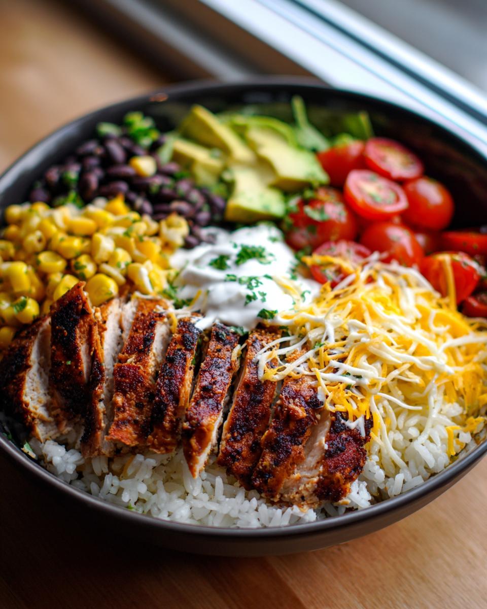 Amazing High Protein Chicken Burrito Bowl 5 A delicious High Protein Chicken Burrito Bowl filled with rice, seasoned chicken, black beans, corn, avocado, tomatoes, cheese, and sour cream.