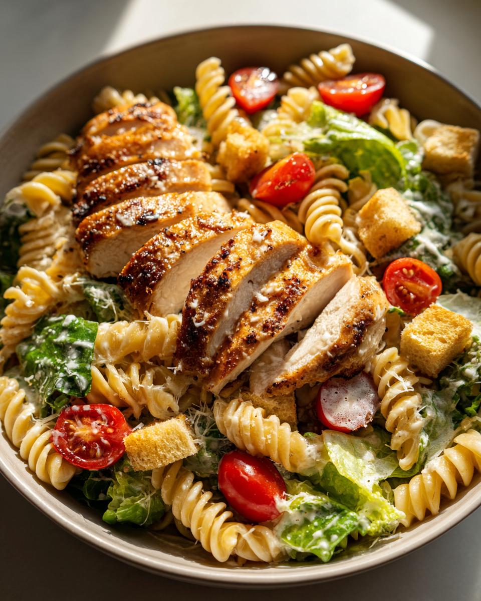 High Protein Chicken Caesar Pasta Bowls: 35 Min Meal 4 A close-up of High Protein Chicken Caesar Pasta Bowls featuring sliced grilled chicken, rotini pasta, cherry tomatoes, croutons, and romaine lettuce.