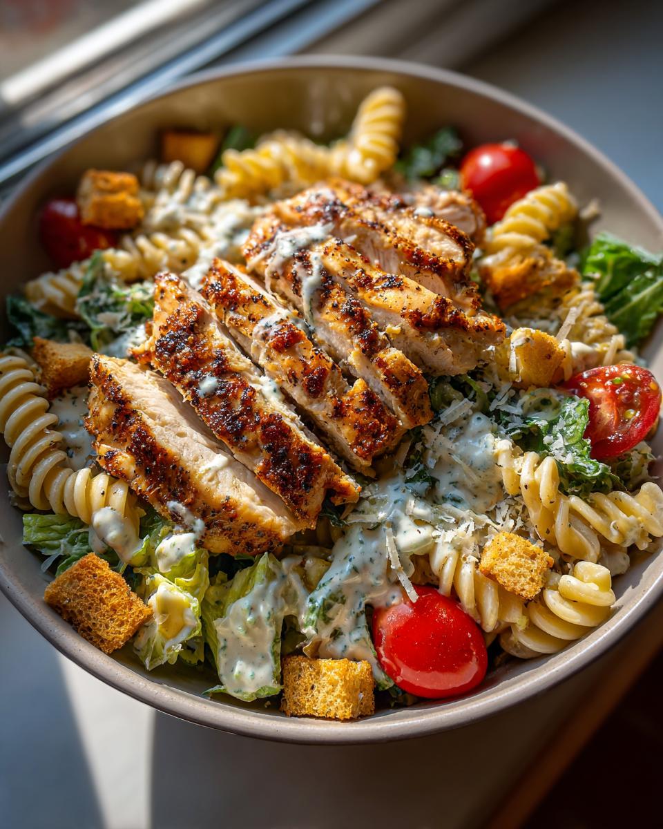 High Protein Chicken Caesar Pasta Bowls: 35 Min Meal 5 A bowl of High Protein Chicken Caesar Pasta Bowls with grilled chicken, pasta, cherry tomatoes, croutons, and Caesar dressing.