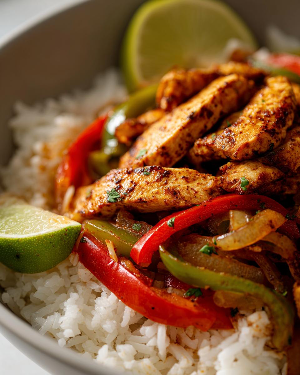 Amazing 42g Protein Chicken Fajita Meal Prep Bowls 4 Close-up of a high protein chicken fajita meal prep bowl with rice, seasoned chicken strips, bell peppers, onions, and lime wedges.